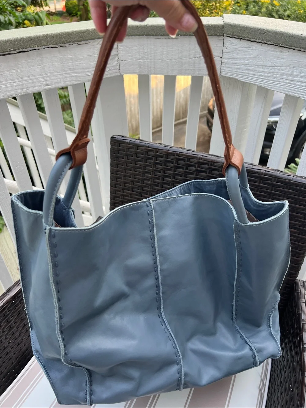 The Sak Two-Tone Blue Leather Tote with Tan Strap